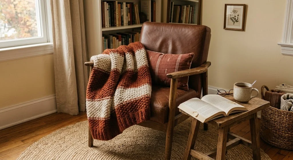 Chunky rust-and-cream knit blanket draped over a reading chair in a cozy fall bedroom corner