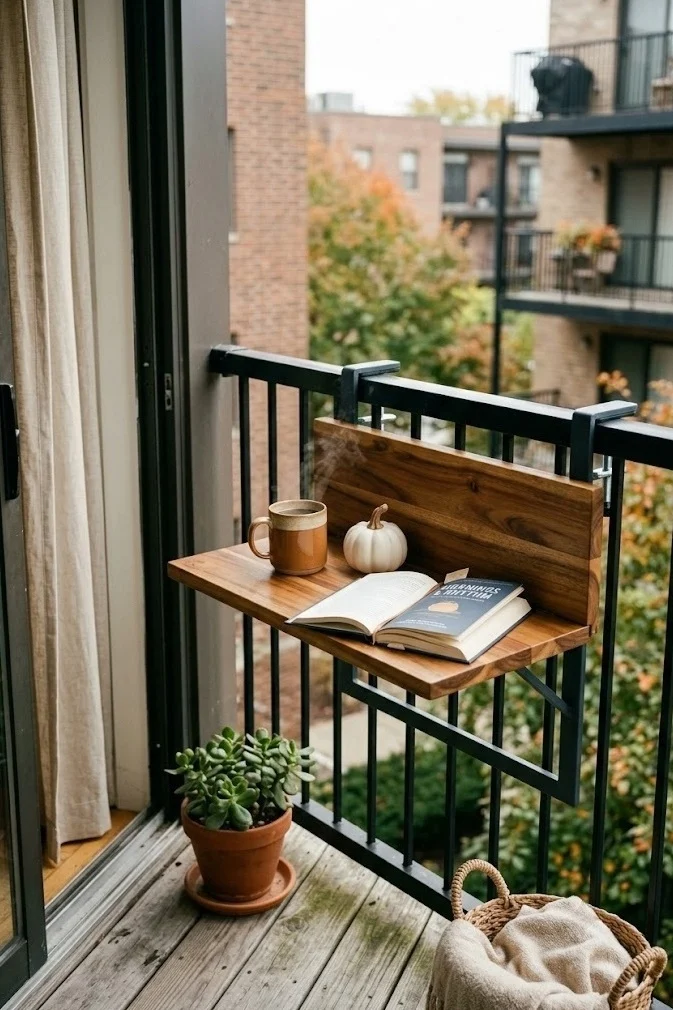 Clamp-on rail bar shelf on a fall balcony holding a coffee mug and small pumpkin