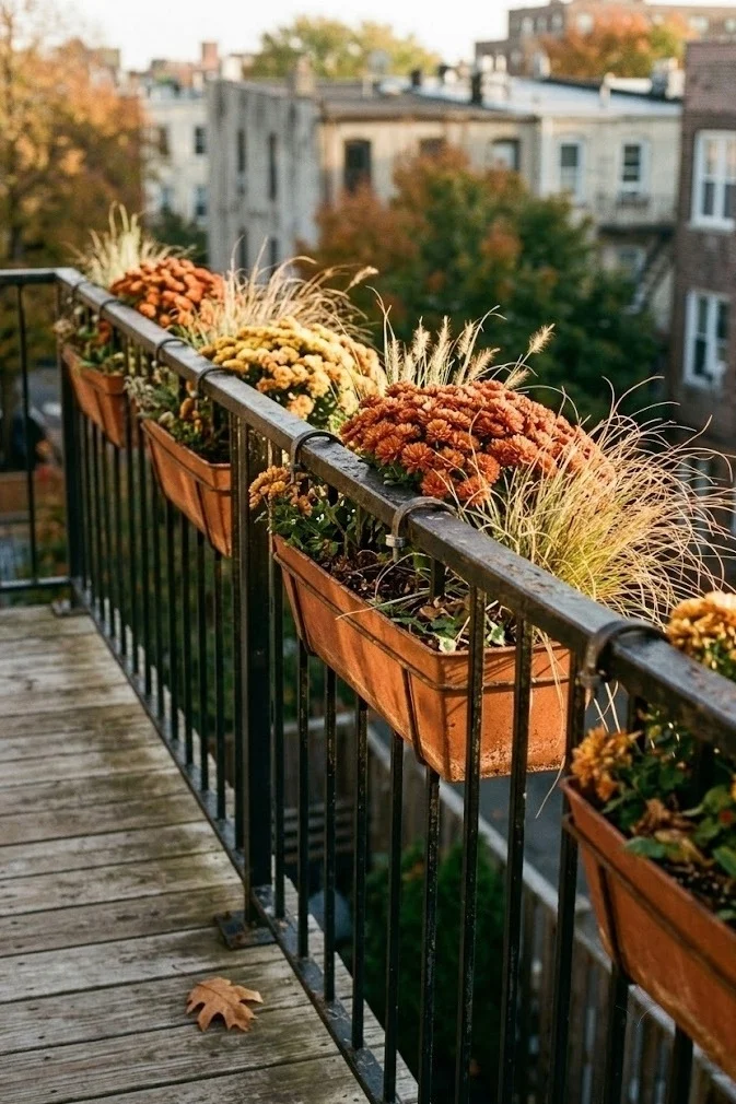 Apartment balcony fall decor with clamp-on railing planters of mums and ornamental grass