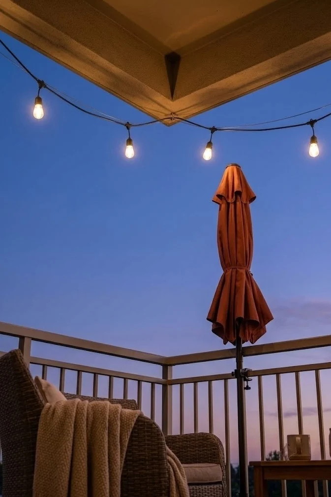 Cafe lights and a clamp-on umbrella overhead on a renter's fall balcony
