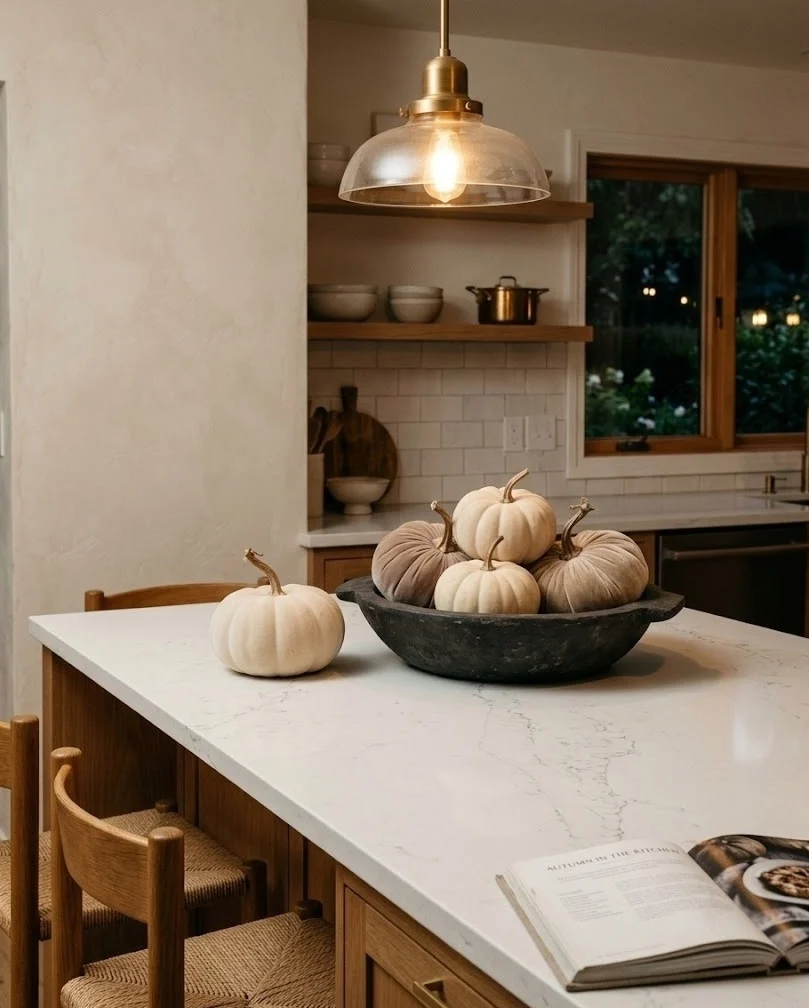 Cream and bone faux pumpkins grouped in a dark clay bread bowl on a white kitchen island