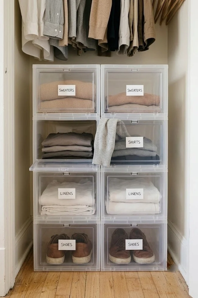 Clear stackable drop-front bins organizing shoes and clothes on a closet floor