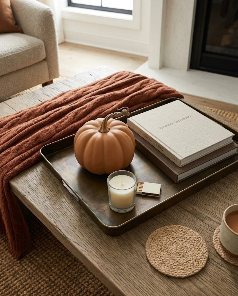 Coffee-table tray with a small faux pumpkin and book for a small fall living room