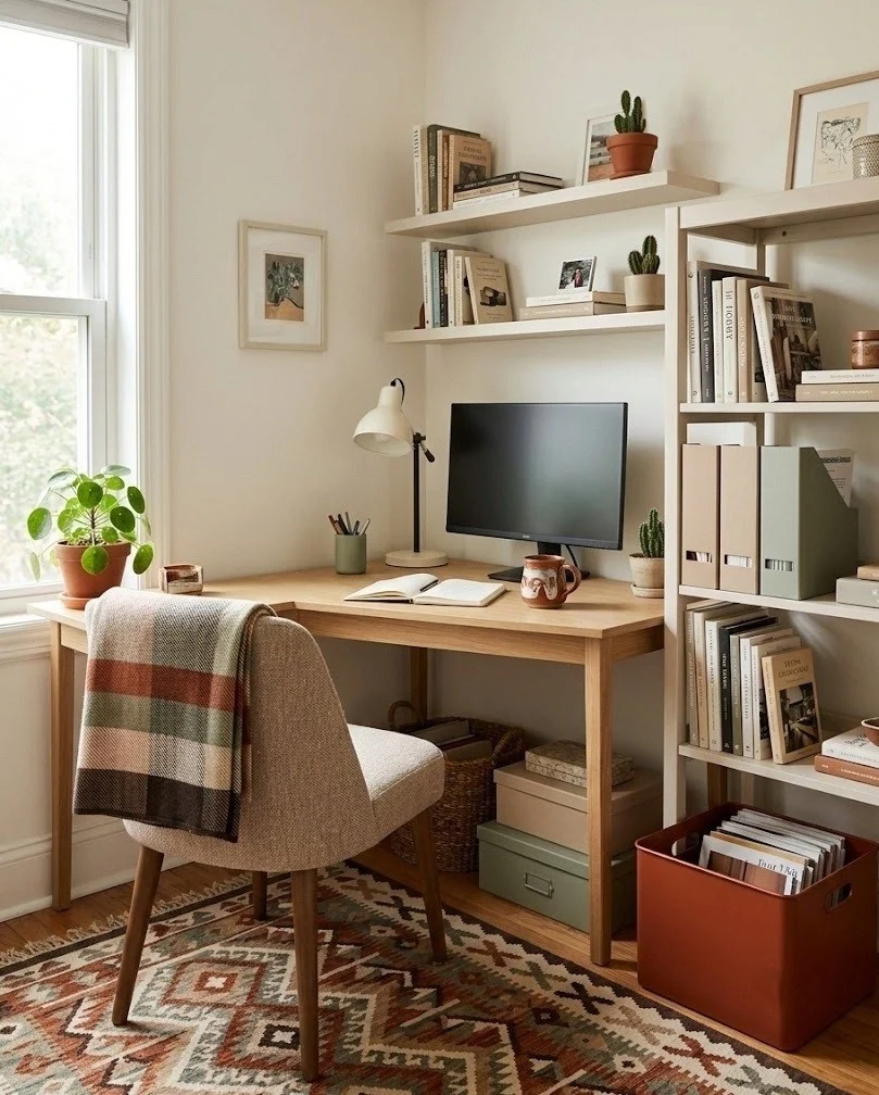 Cohesive color palette tying a renter home office together