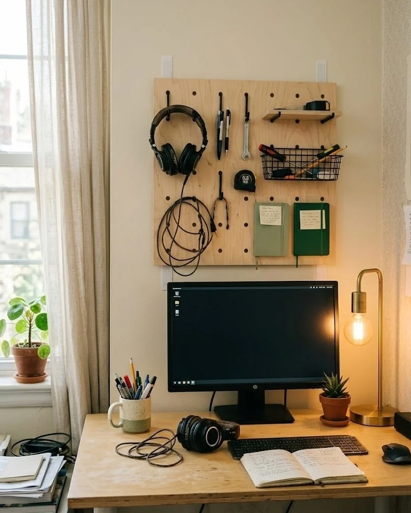 Command-strip pegboard holding supplies above a rental desk monitor