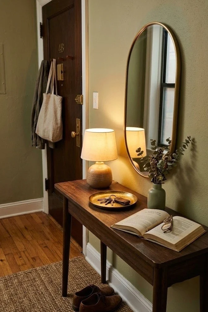 Console styled with a table lamp and leaning mirror in a small no-closet entry