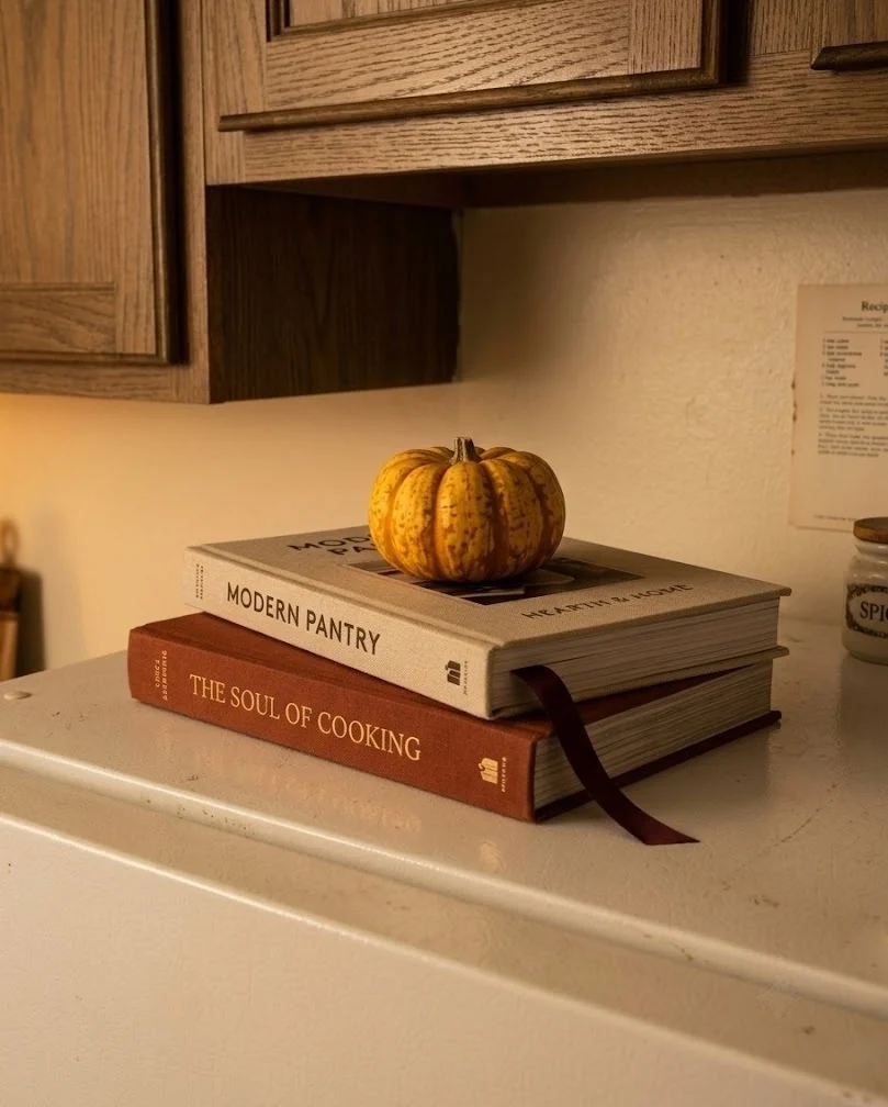 Stacked cookbooks and a small gourd on top of a kitchen refrigerator