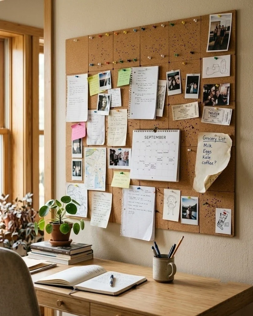 Peel-and-stick cork tile pinboard beside a rental desk
