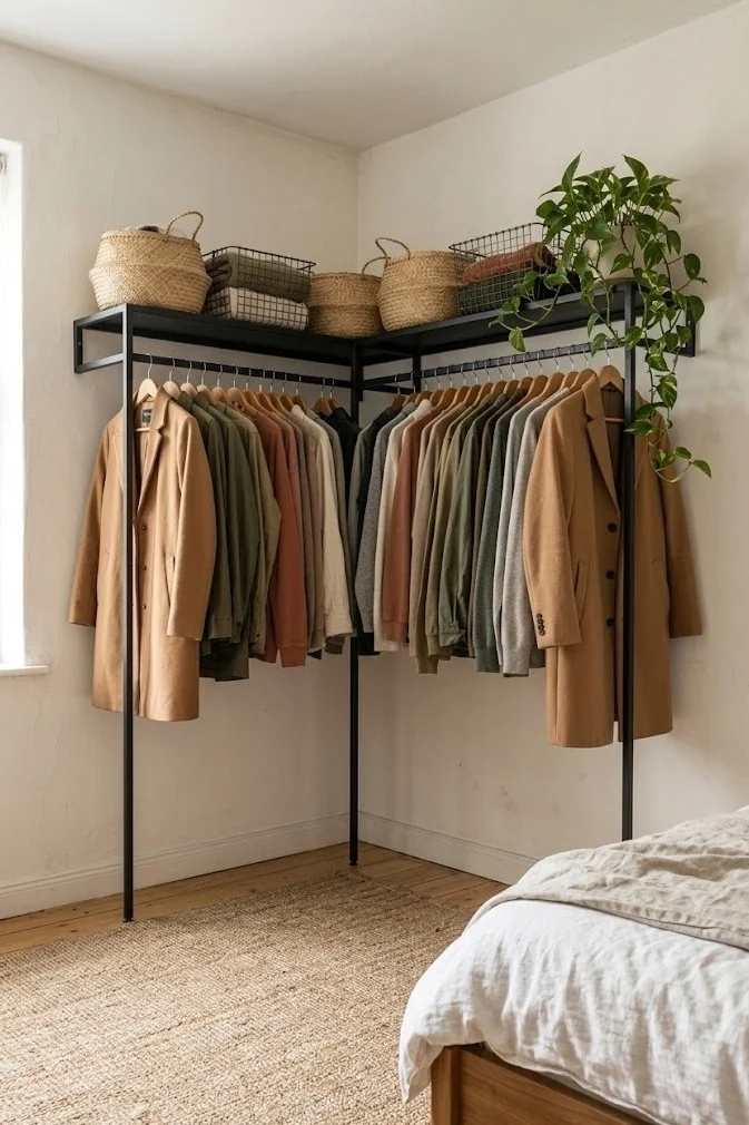 Corner clothing rack in a no-closet small bedroom