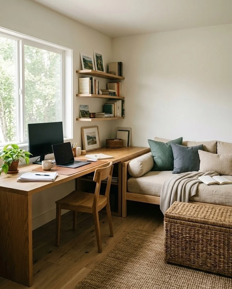 Corner daybed with an L-shaped desk wrapping two walls in a small office