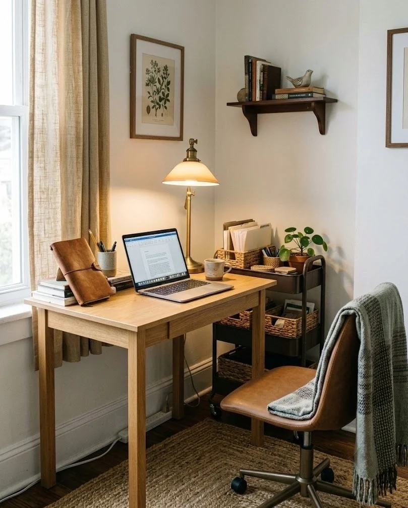 Corner desk placement claiming dead space in a renter home office