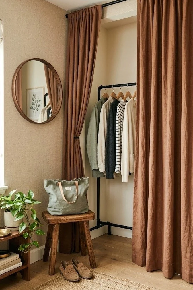 Curtained corner dressing nook with a rack, stool, and mirror in a bedroom