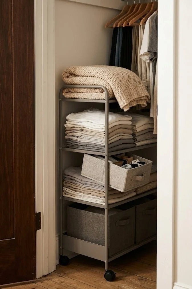 Narrow rolling shelf filling the awkward dead corner of a small closet