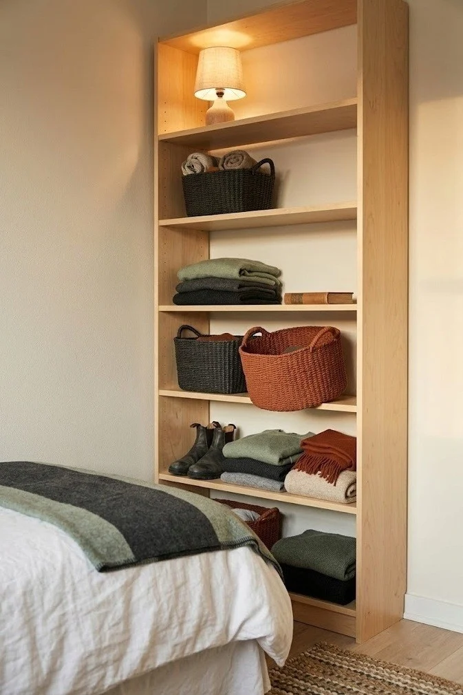 Tall corner shelf tower with folded stacks and baskets in a bedroom
