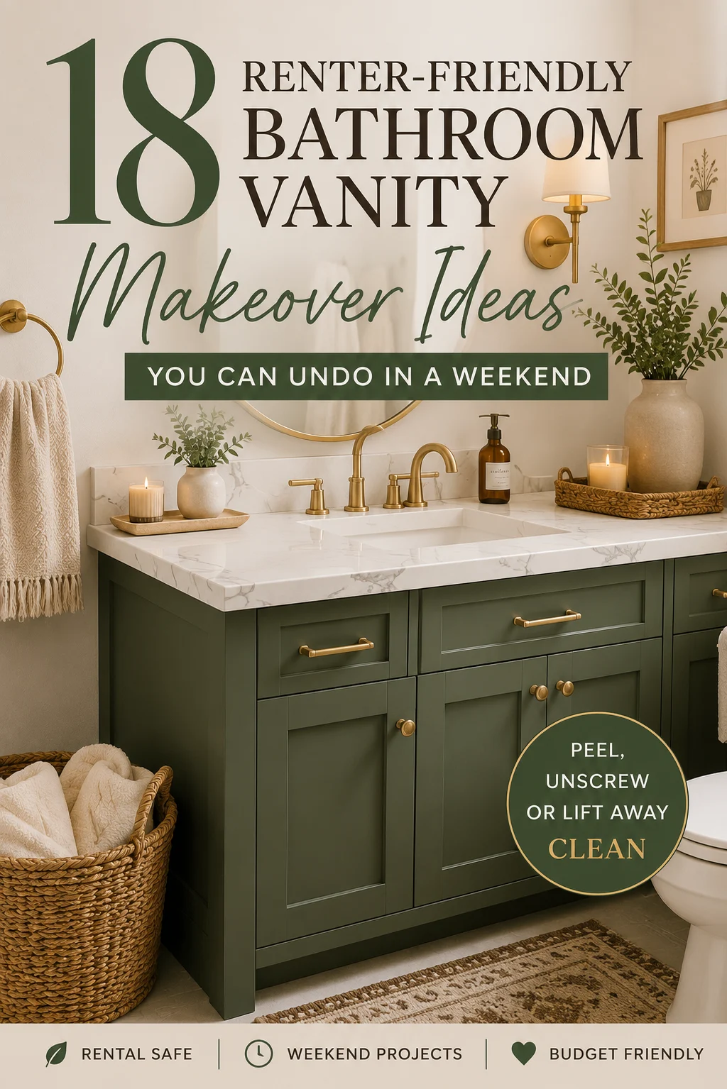Renter friendly bathroom vanity makeover with Carrara marble peel-and-stick countertop film