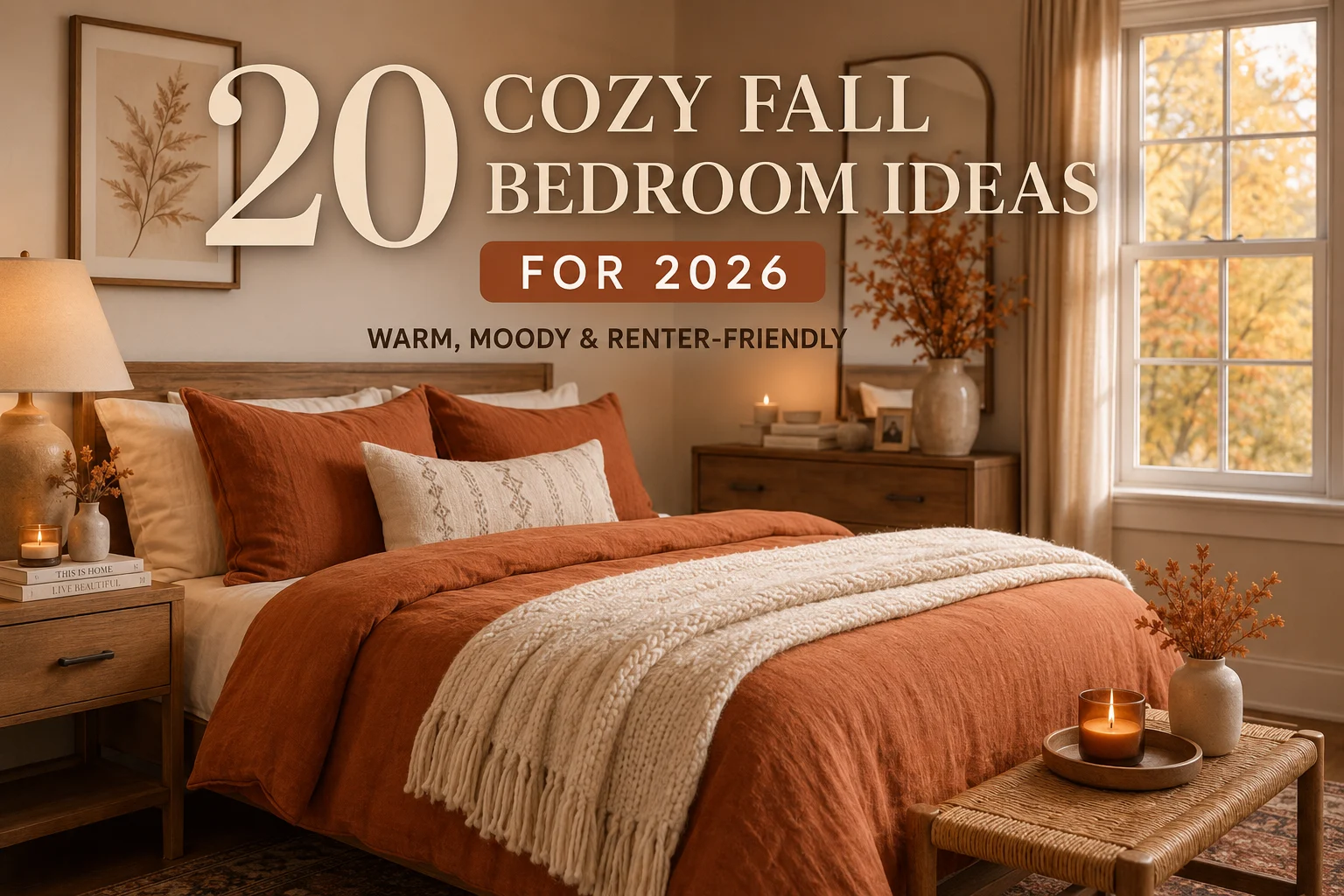 Rust linen duvet on a queen bed with cream wool throw and walnut nightstand in a cozy fall bedroom