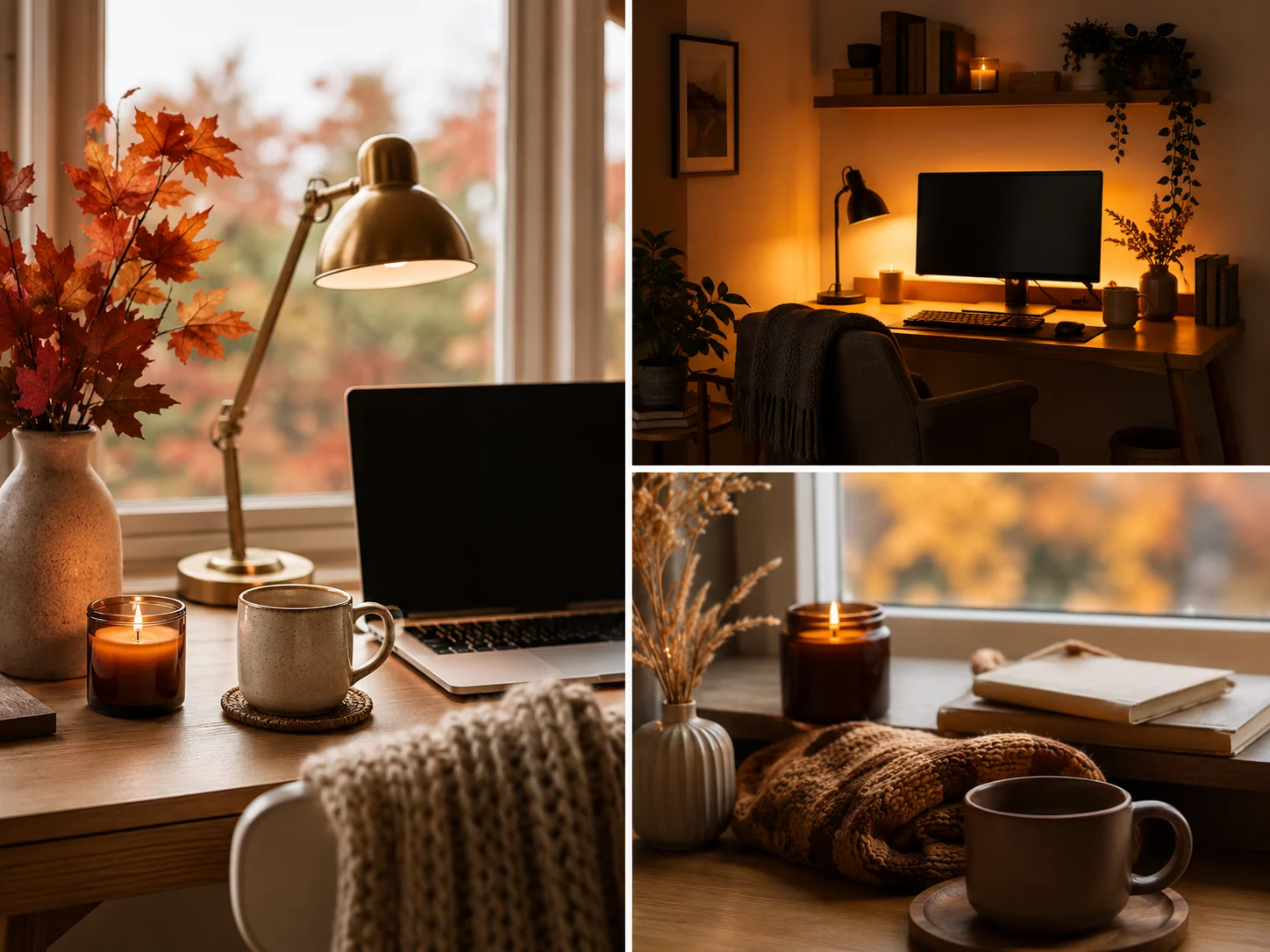 Cozy fall home office corner with a small desk and warm 2700K task lamp glowing amber