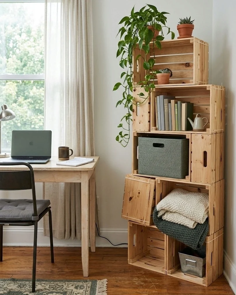 Stacked crate shelving tower storing supplies beside a rental desk