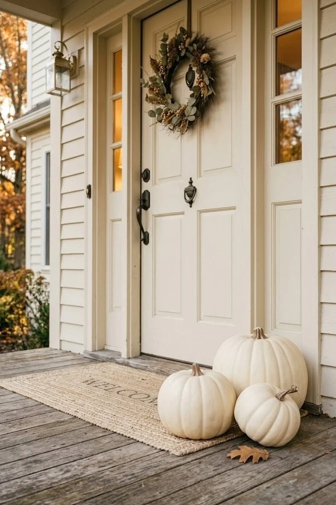 Cream faux pumpkins beside a cream front door, neutral fall porch decor