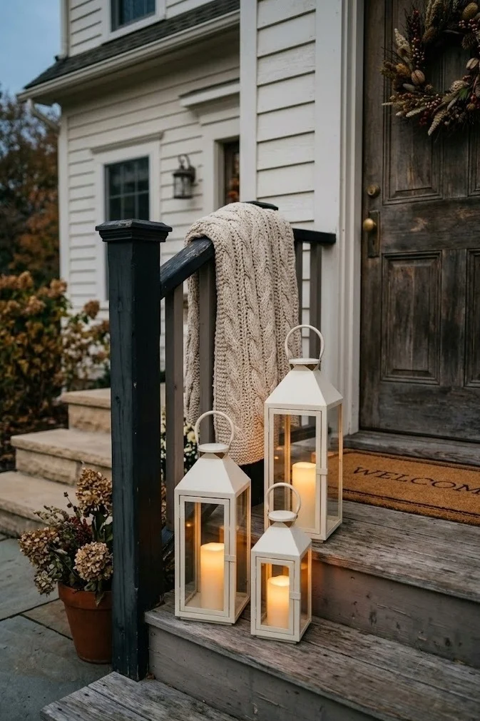 Cream lanterns with flameless candles clustered on a porch step at dusk