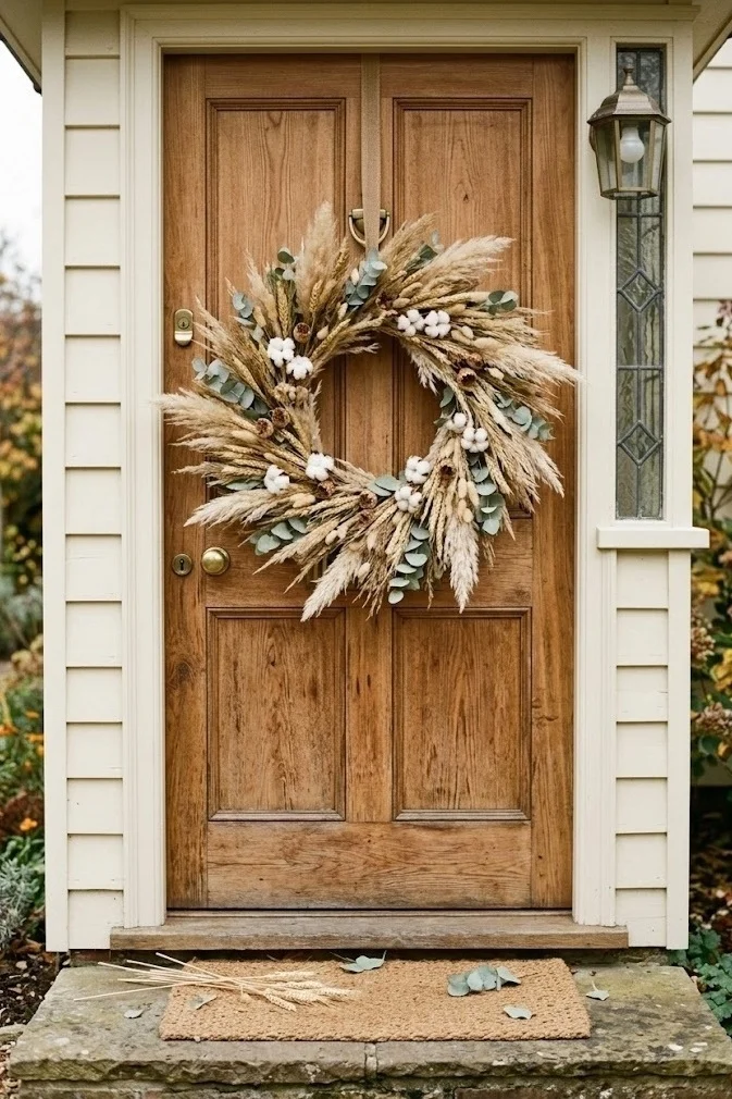 Cream dried-wheat wreath on a wood door, neutral fall porch decor