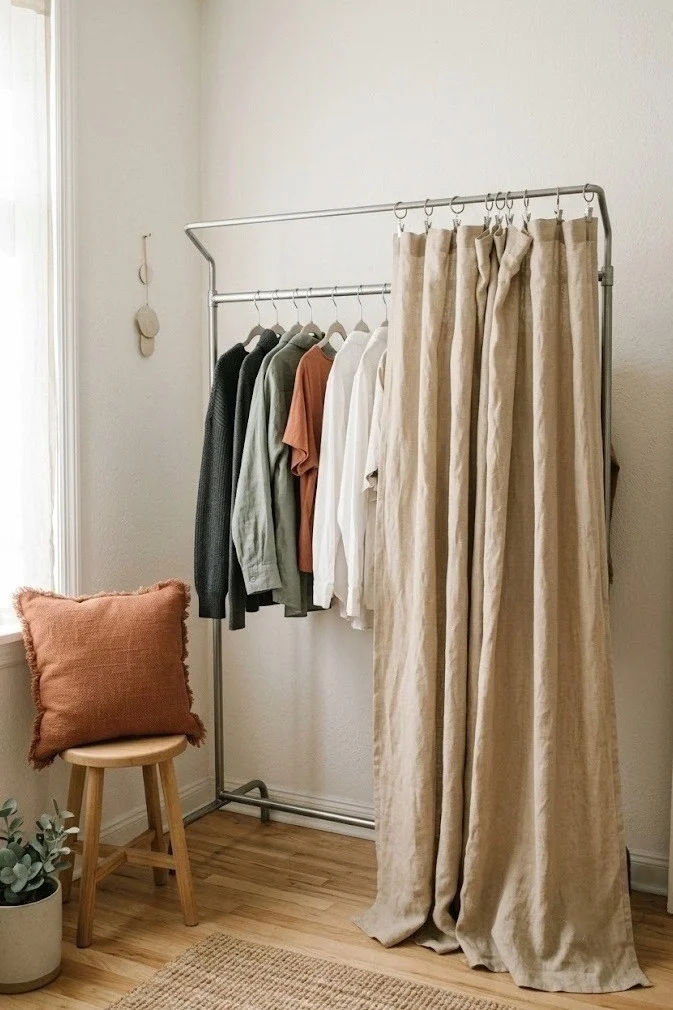 Garment rack with a floor-length linen curtain hiding clothes in a bedroom