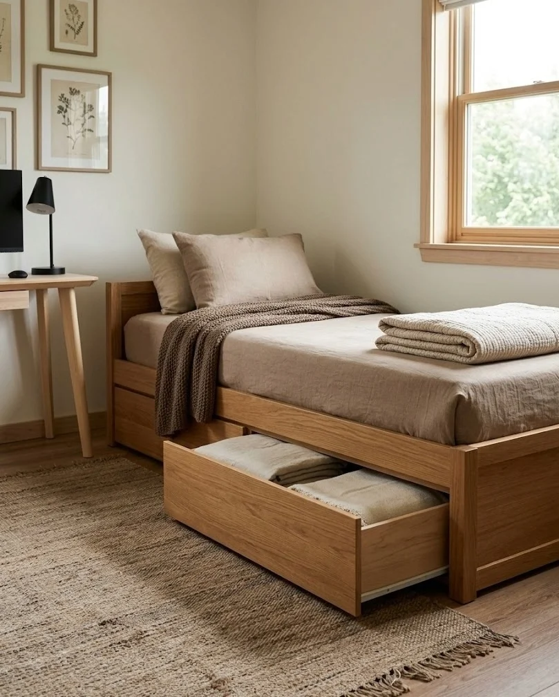 Daybed with built-in drawers below storing guest bedding in a spare room