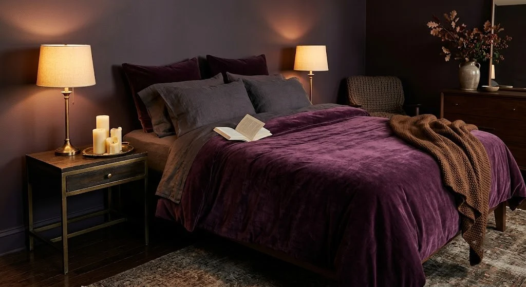 Deep plum velvet duvet with antique brass lamp and beeswax candles in a moody cozy fall bedroom