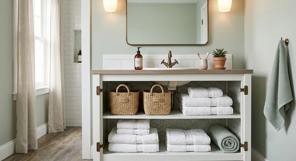 Open-shelf rental vanity with doors removed and matched seagrass baskets