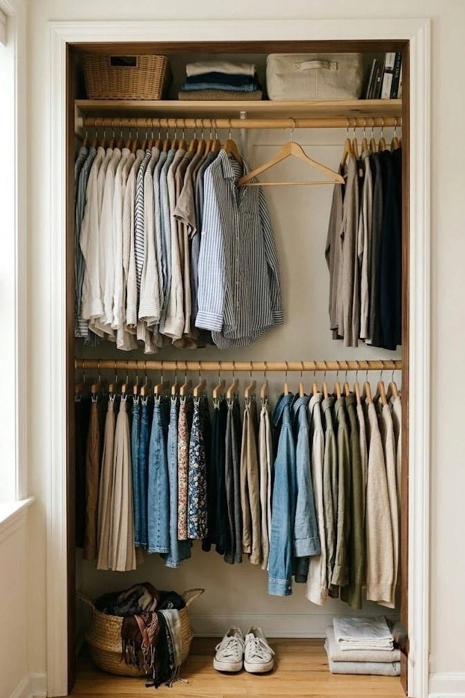 Small closet organization for renters using a drop-down double rod with two rows of hanging clothes
