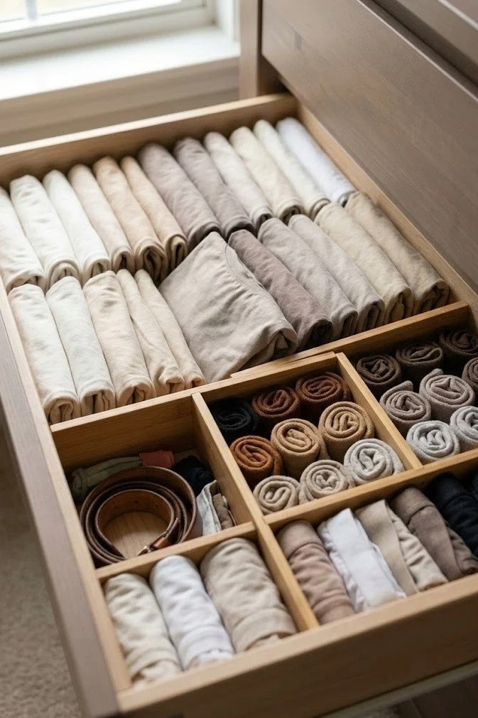Adjustable drawer dividers splitting a closet drawer into tidy zones