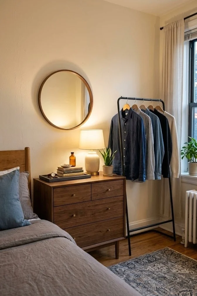 Low dresser beside a slim leaning clothing rail in a small bedroom