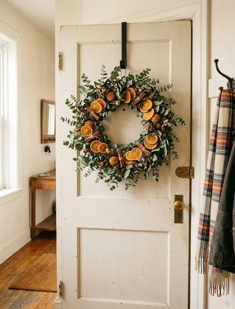 Dried orange and eucalyptus fall entryway wreath on an apartment door