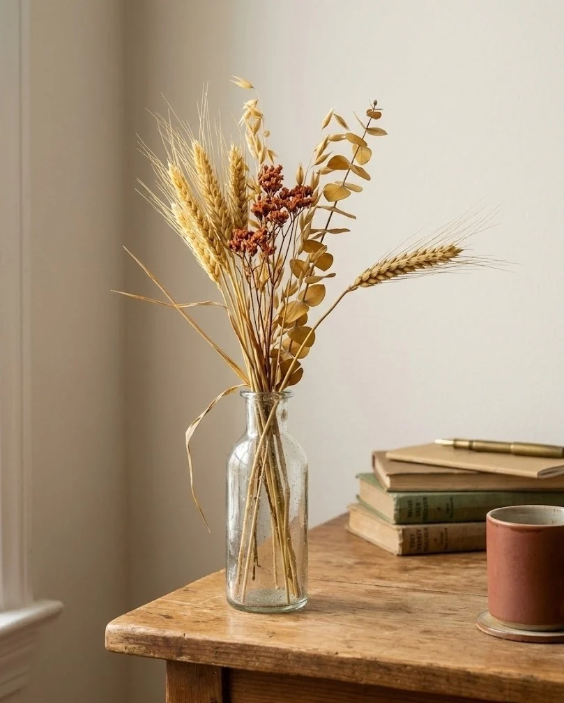 Dried wheat and warm golden stems in a slim bud vase on a small desk
