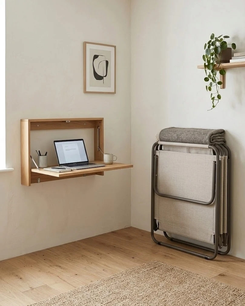 Wall-mounted drop-leaf desk with a fold-flat guest cot in an open spare room
