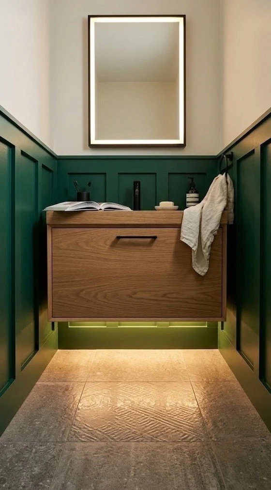 Emerald board-and-batten with a floating vanity and warm under-glow