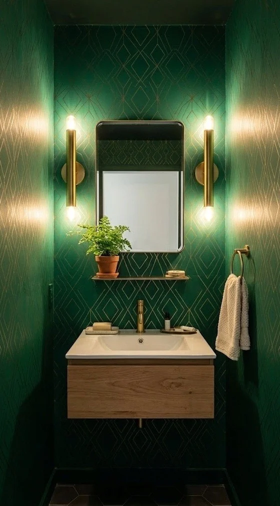 Emerald geometric peel-and-stick paper with vertical brass tube sconces