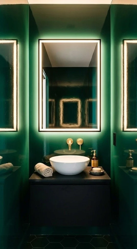 High-gloss emerald lacquer walls with a backlit rectangular mirror