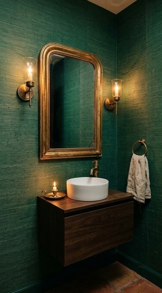 Emerald grasscloth walls with dimmable candle-warm brass sconces
