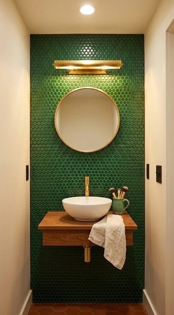 Emerald penny-tile accent wall behind the vanity with a brass picture light