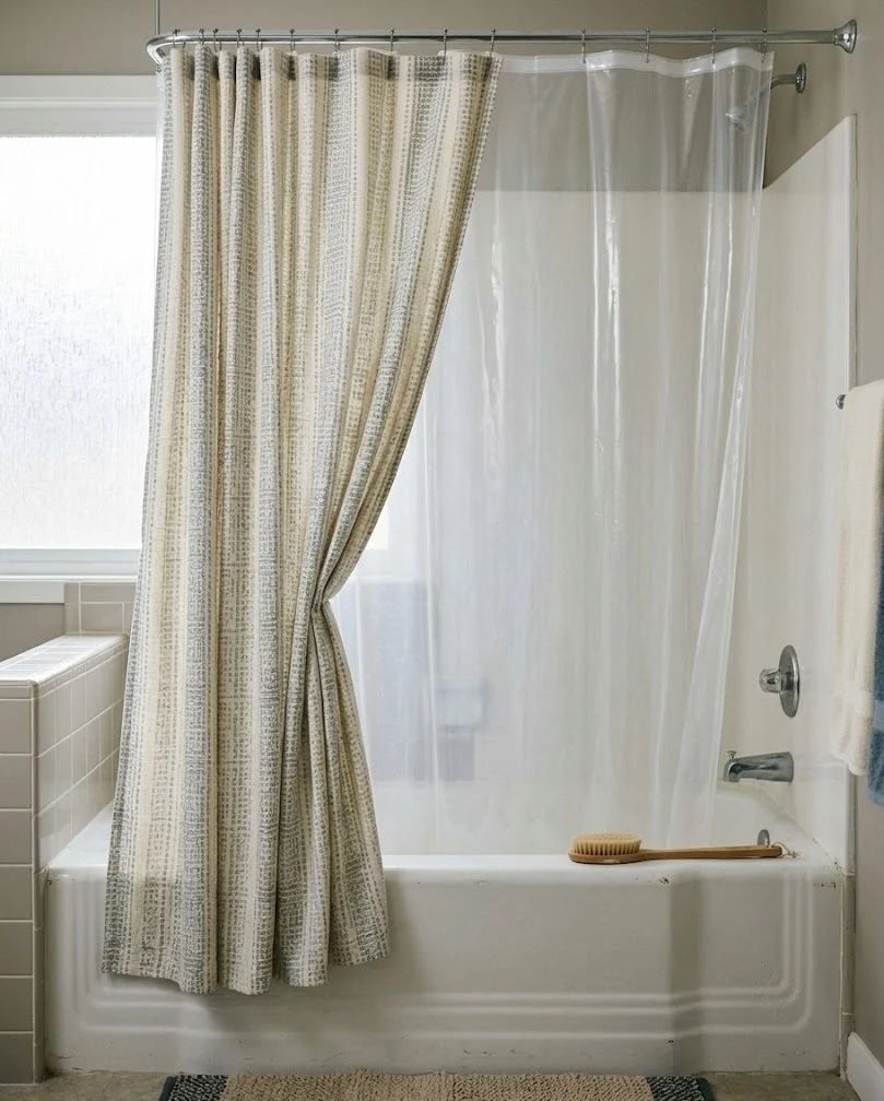 Renter-friendly bathroom with a fabric shower curtain layered over the builder liner on an existing rod.