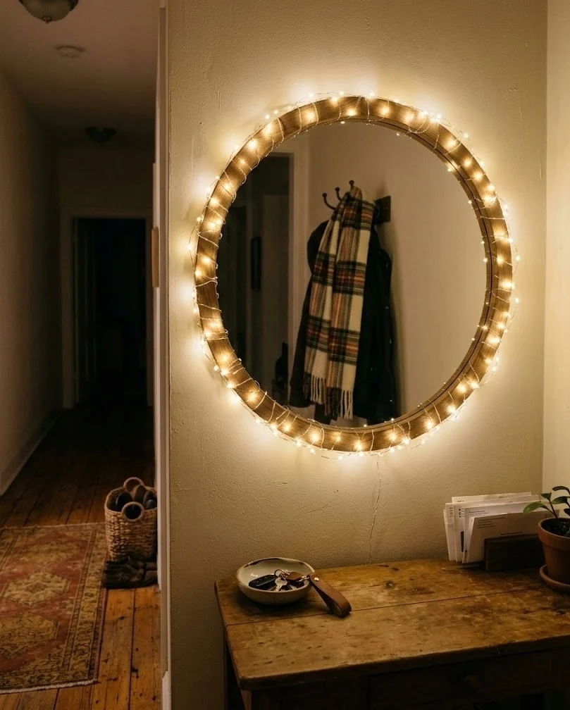 Warm fairy lights framing a mirror in a small apartment entryway