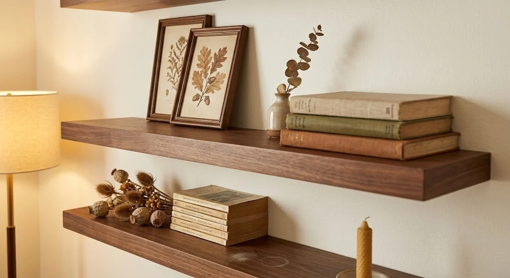 Fall botanical shelf styling with framed prints, linen books, and dried botanicals in a neutral bedroom