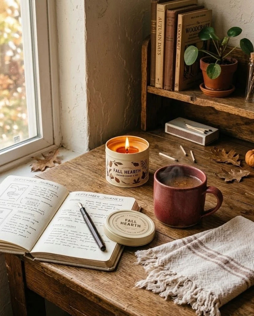 Small lidded fall-scented candle glowing at the edge of a compact home office desk