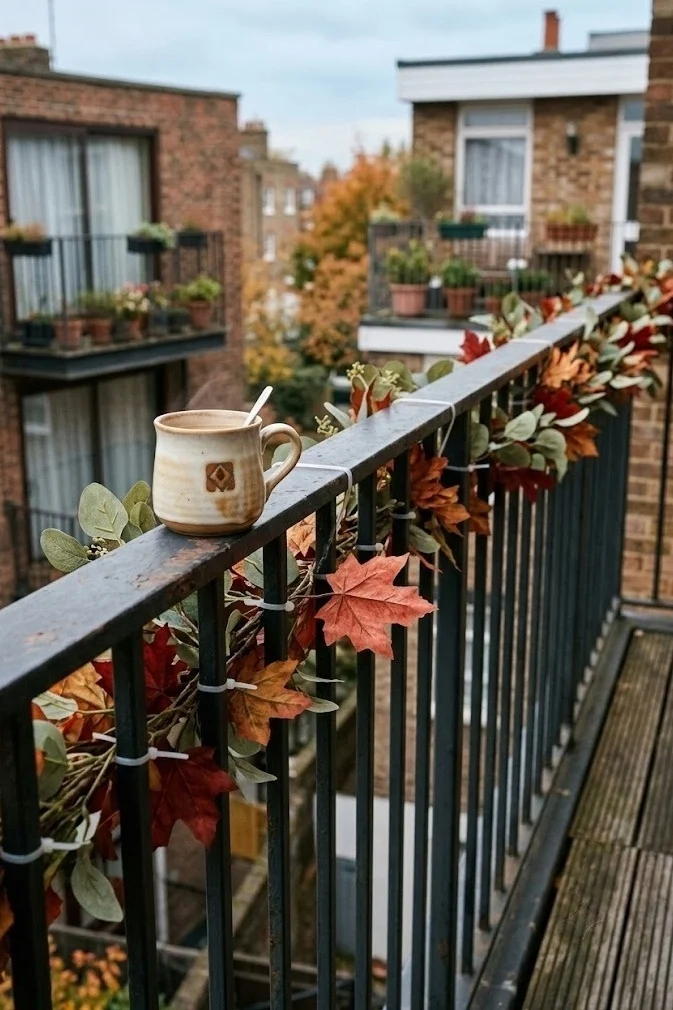 Faux maple fall garland zip-tied along an apartment balcony railing