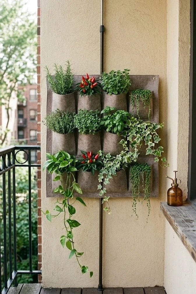 Felt wall-pocket planters of herbs and greenery hung from a balcony tension rod