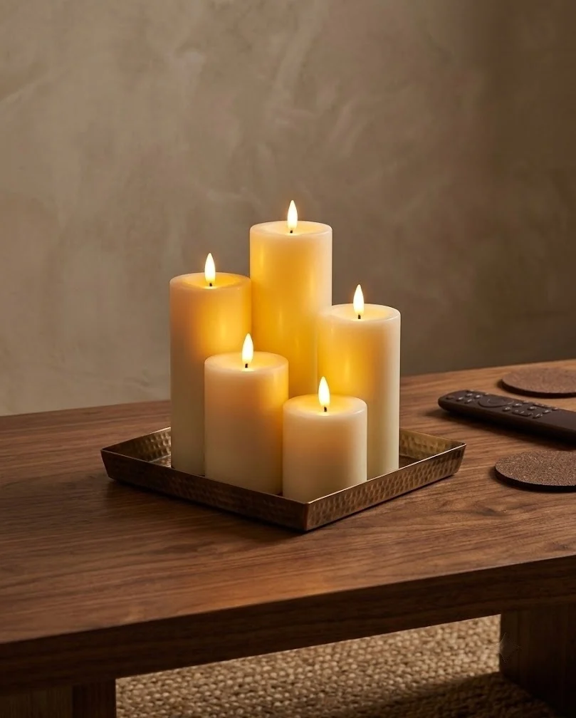 Flameless pillar candles grouped on a tray on the living room coffee table
