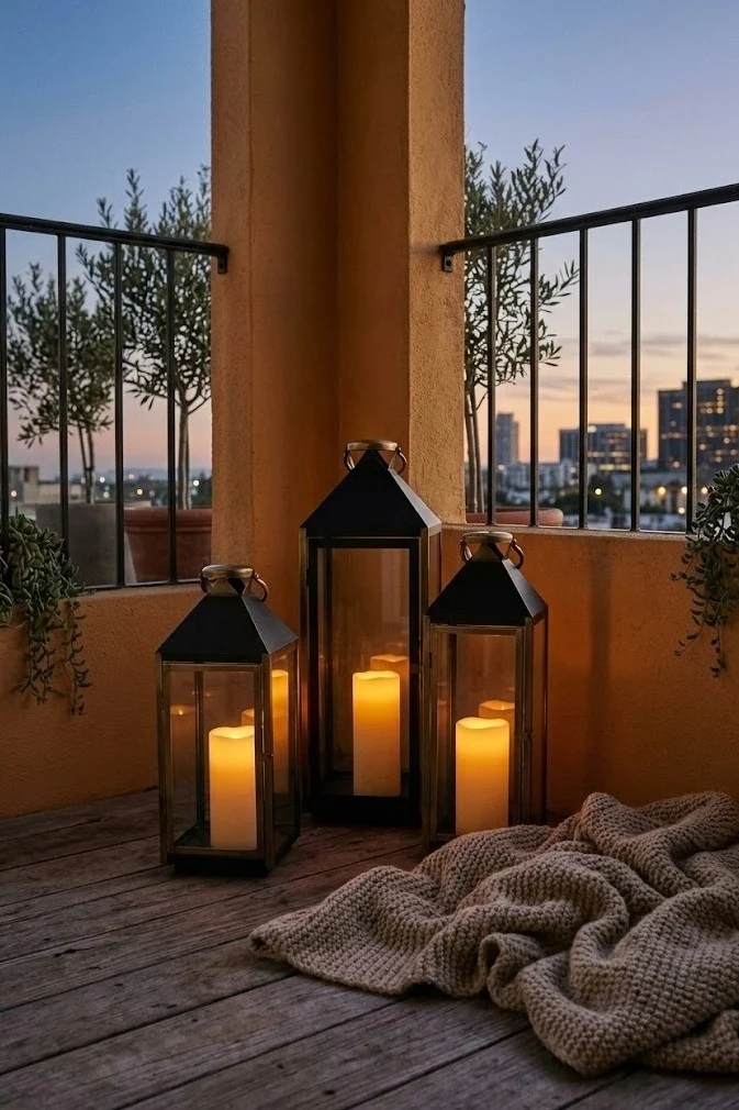 Trio of flameless floor lanterns glowing in a fall balcony corner at dusk