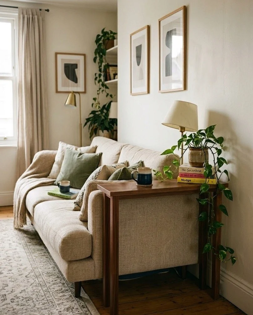 Sofa floated off the wall with a narrow console table behind holding a lamp and plant.