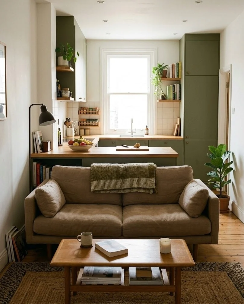 Small apartment living room with a floated sofa backing an open kitchen counter.